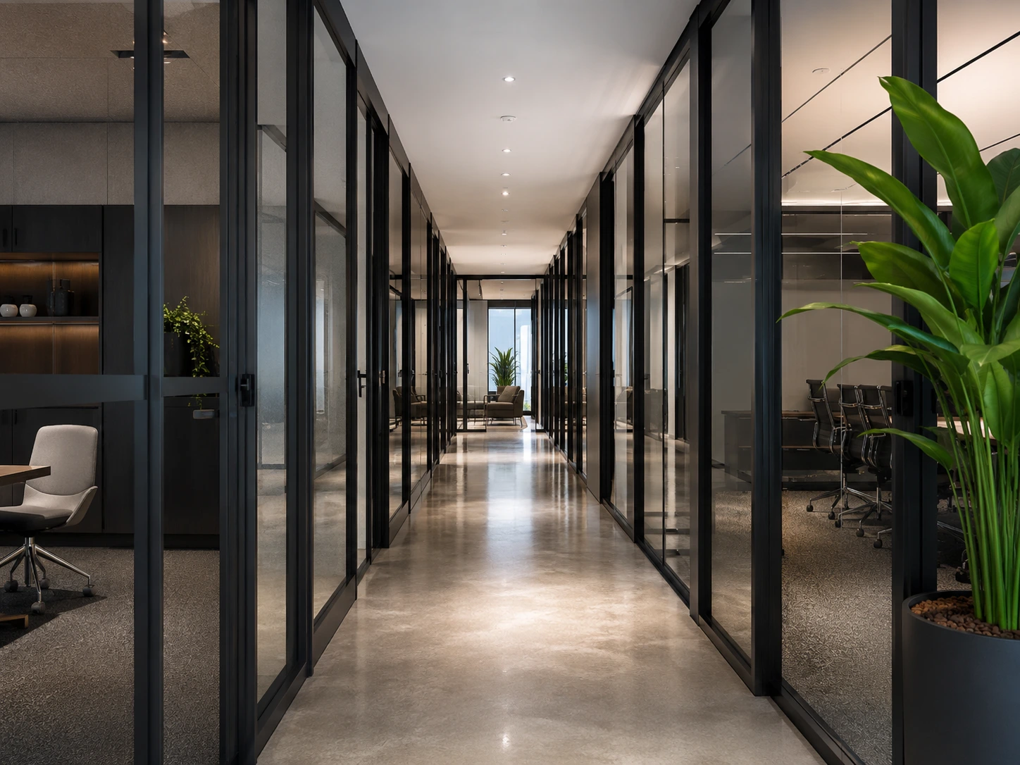 Commercial office corridor with floor-to-ceiling glass partitions