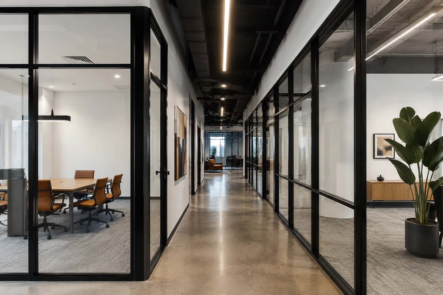 Framed glass partitions in a modern commercial office