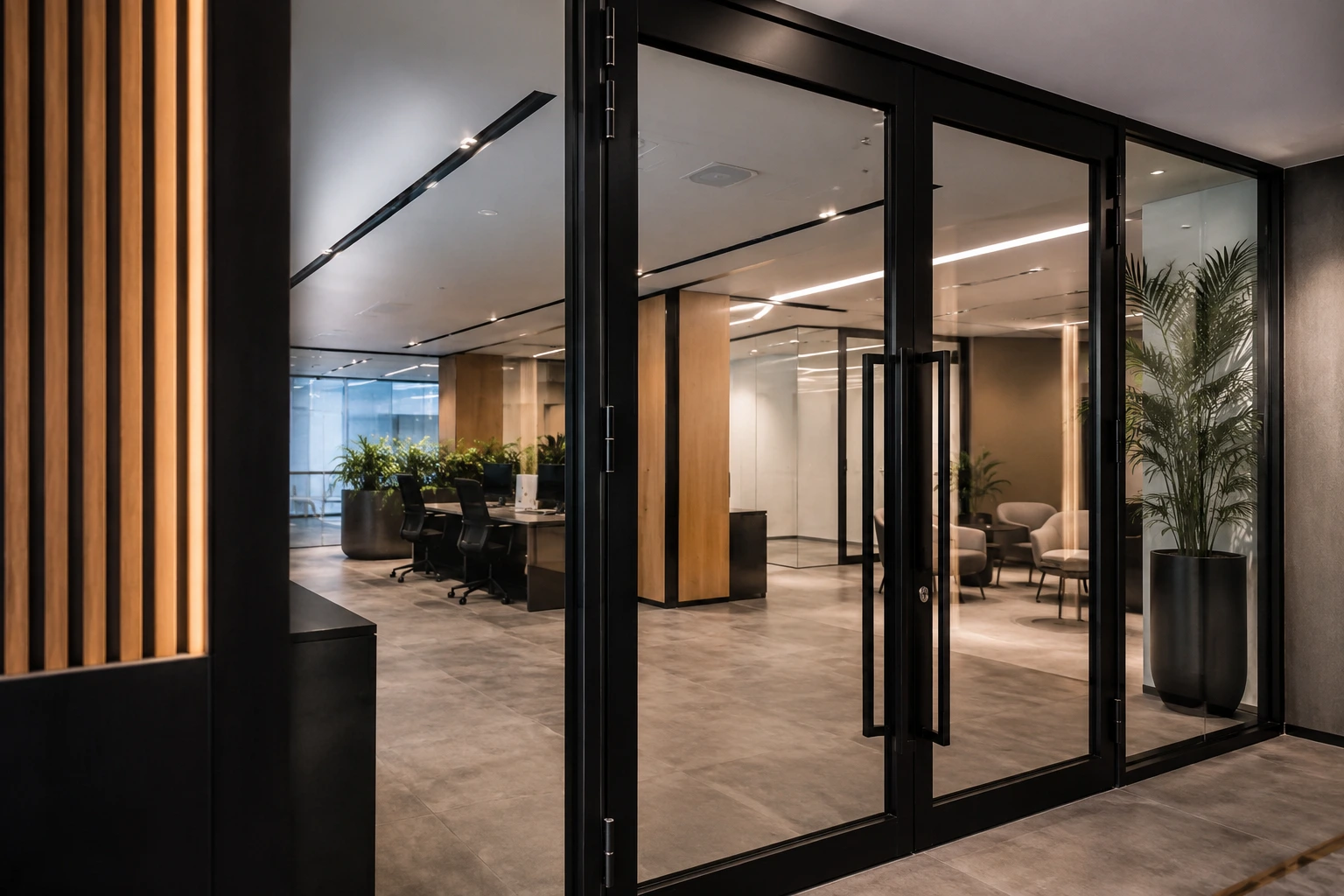 Glass doors and entries with black framing in a commercial office