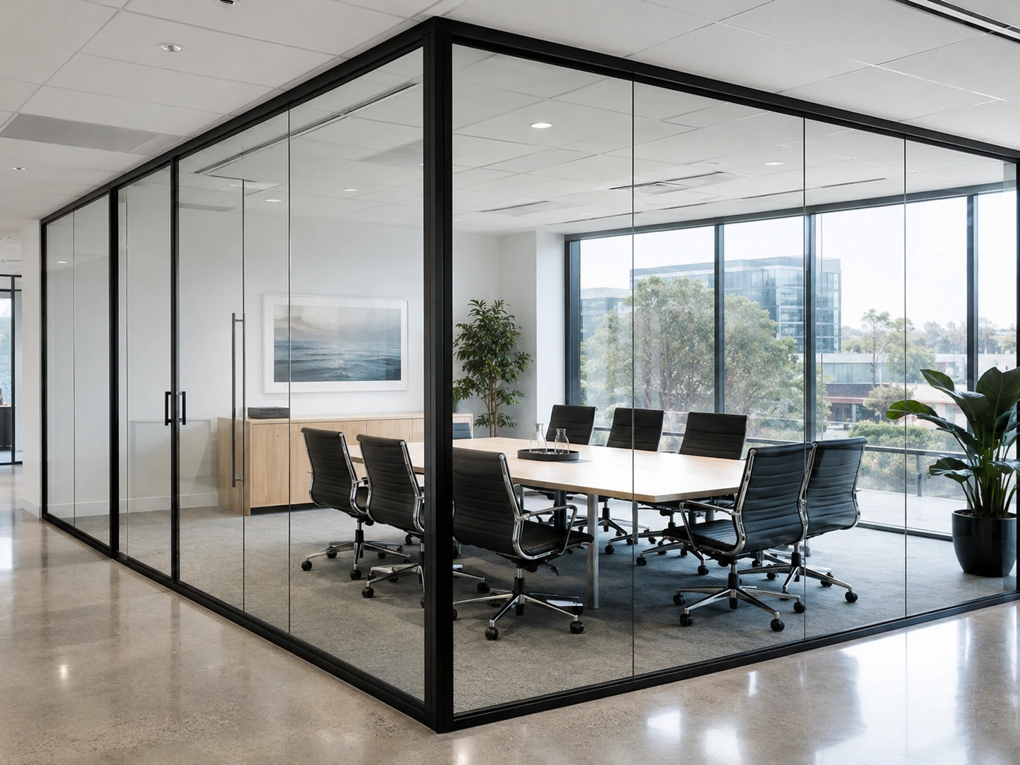 Black framed glass office partitions in a modern Melbourne workspace