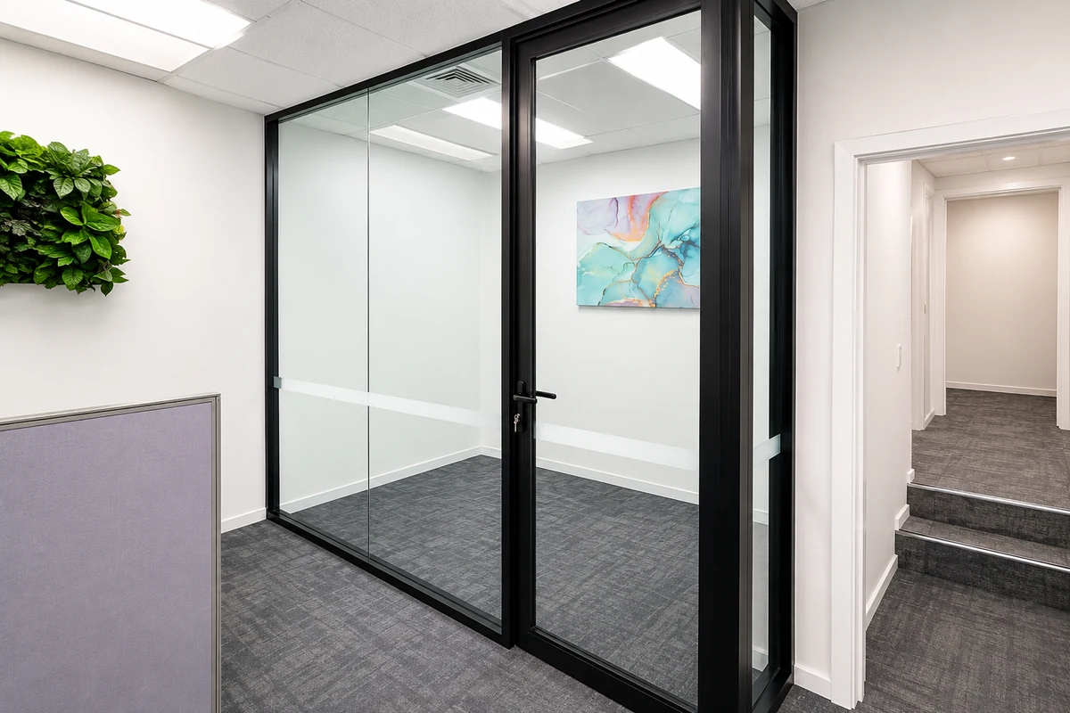 Black-framed glass office enclosure in a commercial workspace