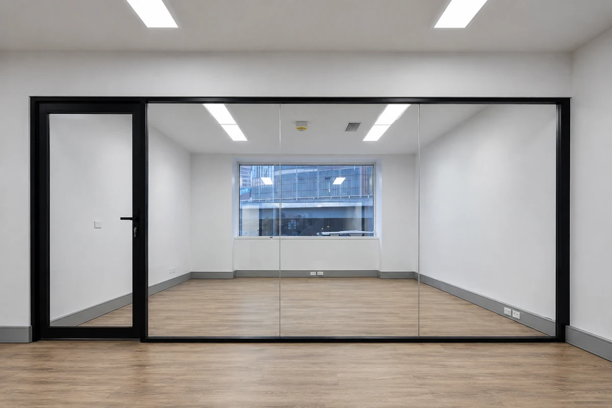 Clear glass office partition with black-framed access door