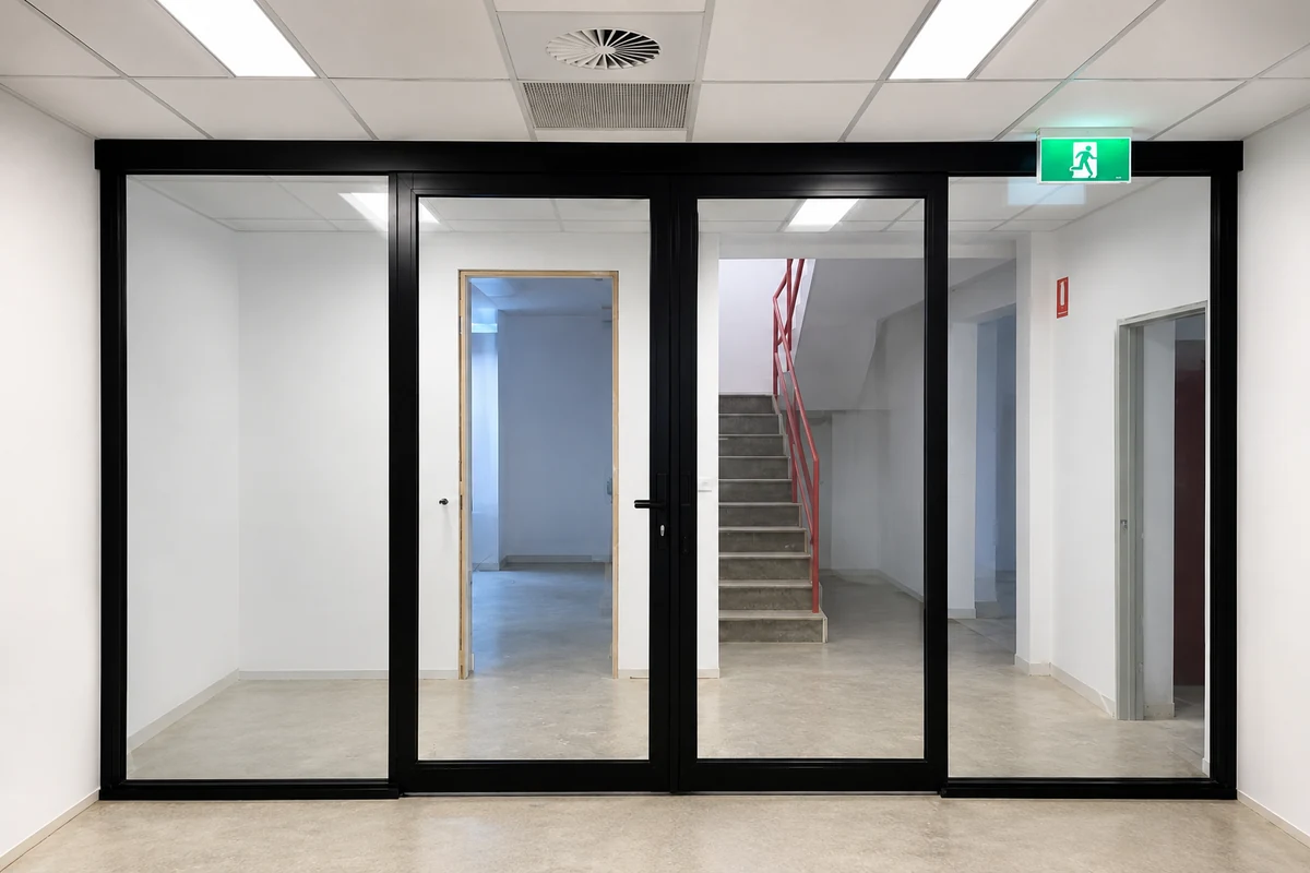 Commercial black-framed glass entry and partition installation