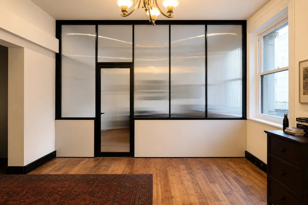 Black-framed fluted glass office partition with integrated door