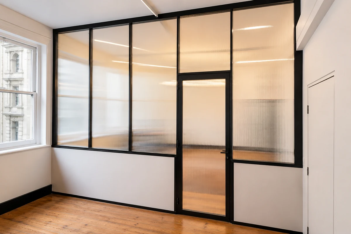 Angled view of black-framed fluted glass partition installation