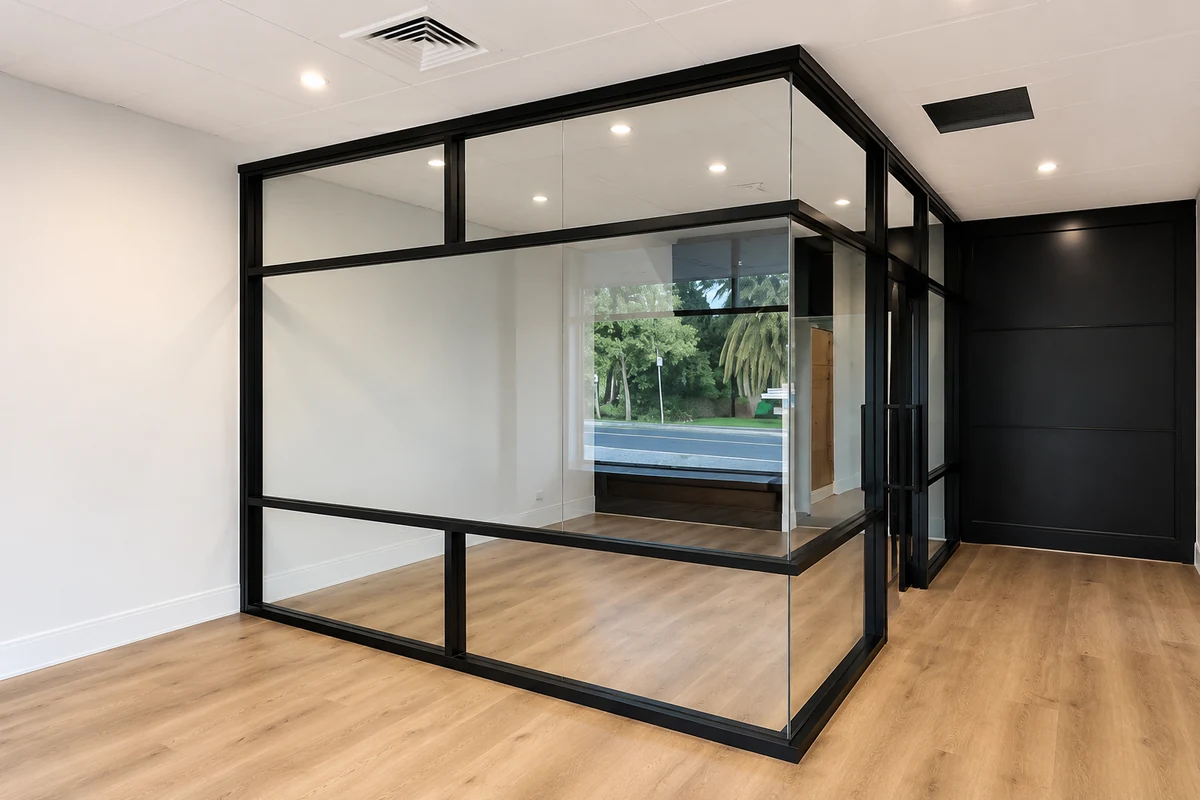 Full-height clear glass office enclosure with black aluminium framing