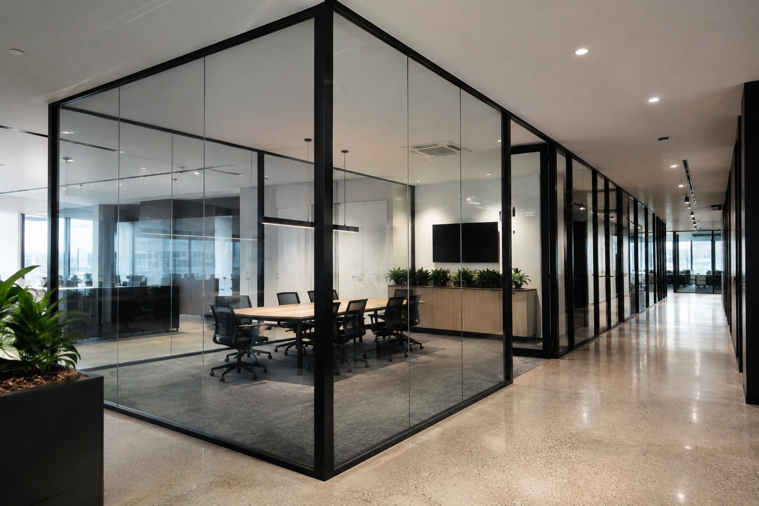 Glass office partitions around a collaborative meeting space